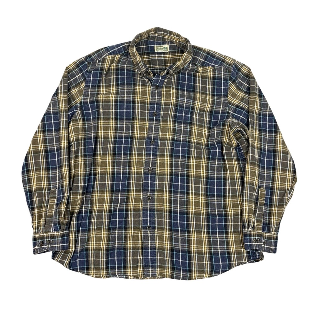 LL Bean Men Size Large‎ Shirt Button Down Top Blue Yellow Flannel Scotch Plaid